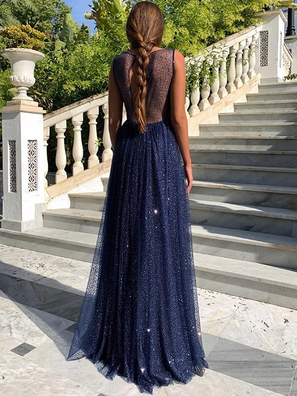 Weitese Dress Simple Long A-line Bateau Sequin Prom Dress